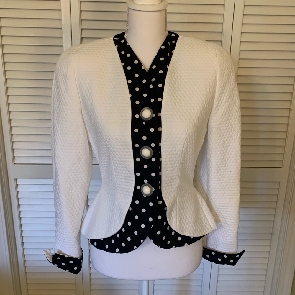 Ilie Wacs Vintage Polka Dot Trim Peplum White Jacket Made in USA 1980’s - Picture 1 of 8